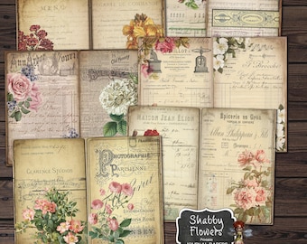 May include: A set of 12 printable journal papers featuring vintage floral designs, handwritten text, and French phrases. The papers are perfect for scrapbooking, card making, and other paper crafts.