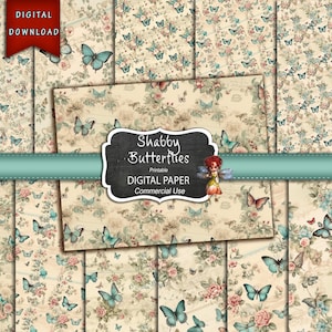 12 pagine di diario stampabili con farfalle e fiori shabby, carta digitale, diario del giardino, download digitale, materiali per diari spazzatura, fiori