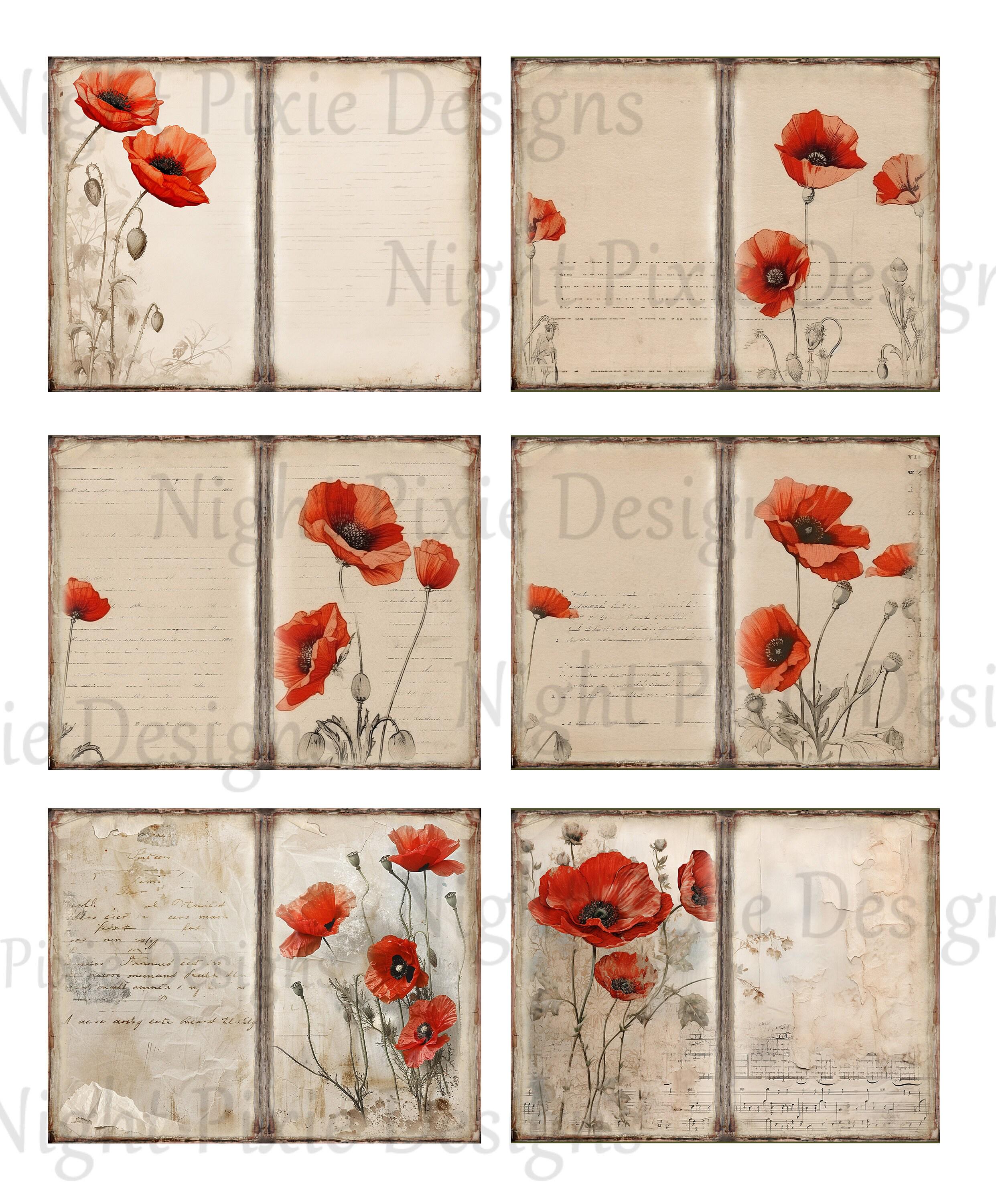 Journal Supplies, Poppy Flowers Printable Paper Pack, Floral Junk ...