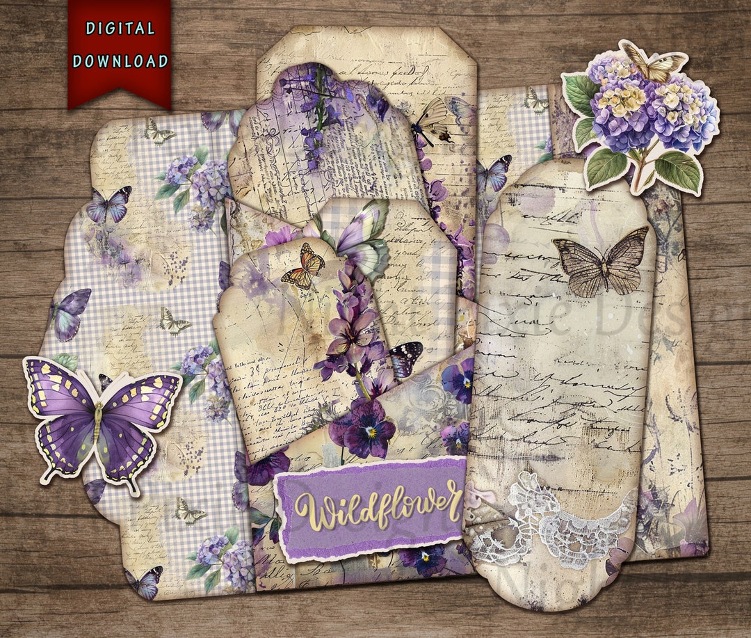Journal Supplies, Purple Floral Junk Journal Kit, Flower Ephemera ...