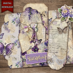 Suprimentos para diário, fólio e cartões de flores roxas, itens efêmeros de flores, cortes florais sofisticados, download digital, kit de diário, suprimentos para diário de lixo