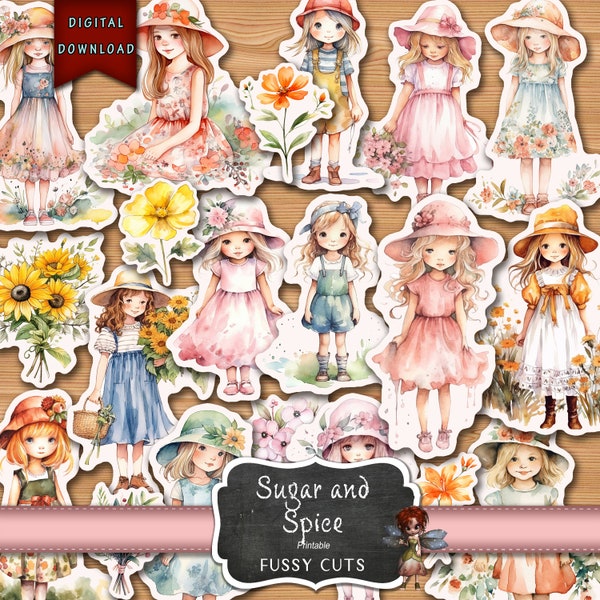 Watercolor Little Girls Ephemera, Flower Girl Stickers, Junk Journal Supplies, Watercolor Girl Ephemera, Girl , Clip Art, Digital Download