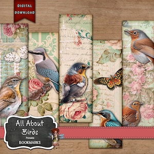Marque-pages oiseaux, fournitures pour journal oiseaux, journal indésirable oiseaux, téléchargement numérique, oiseaux bricolage, fournitures pour journal indésirable, oiseaux imprimables éphémères