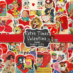 Retro Valentijnsdag kortstondig, Valentine Junk Journal, kortstondige, digitale download, DIY-stickers, junk Journal-benodigdheden, illustraties
