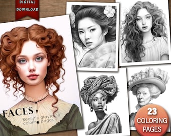 Coloring Pages, Faces, Grayscale Coloring Book, Realistic Portrait Pages, Digital Download