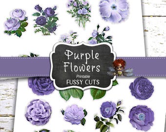 Fournitures de journal, fleurs violettes coupes difficiles, téléchargement numérique éphémères de journal indésirable, autocollants DIY