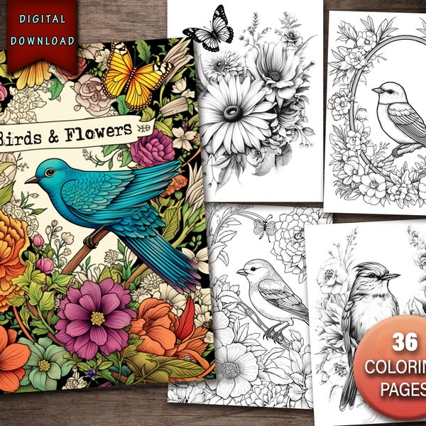 Birds and Flowers Coloring Pages, Nature Coloring Book, Butterfly Coloring Pages, Garden Gift, Digital Coloring Book, Adult Coloring Book