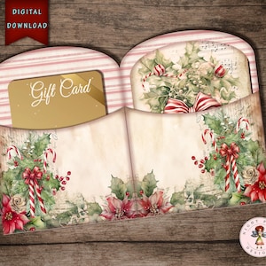 Porta-cartão-presente, Peppermint Christmas, Digital, Conjunto de porta-cartão-presente para impressão, Porta-cartões-presente festivos para feriados, Embrulho para presente faça você mesmo