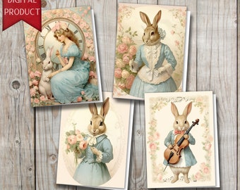 Cartes de voeux de lapin victorien, lapin de Pâques, cartes de Pâques numériques, téléchargement numérique, cartes bricolage, cartes de Pâques imprimables, lapins