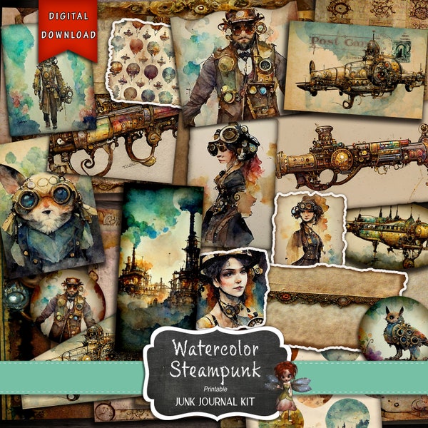 Watercolor Steampunk Junk Junk Journal Kit, Steampunk Supplies, Watercolor Steampunk, Steampunk Kit, Digital Download, Junk Journal Supplies