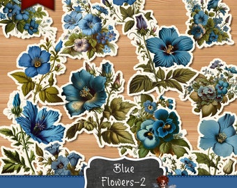 Blue Spring Flower Ephemera, Autocollants de printemps, Journaling Supplies, Junk Journal Flowers, Digital Download, Journal Supplies, , Clip Art