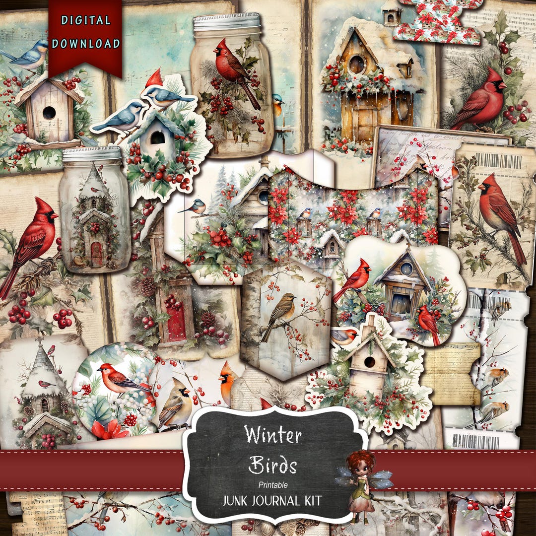 Journal Supplies, Winter Birds Junk Journal Kit, Printable Ephemera ...