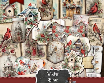 May include: Printable junk journal kit with a winter theme featuring red cardinals, bluebirds, and birdhouses. The kit includes images of snow-covered houses, berries, and jars. The text "Winter Birds Printable Junk Journal Kit" is displayed on a chalkboard.