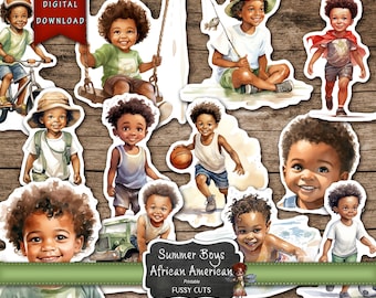 Journal Supplies, Summer Fun African American Boys Fussy Cuts, Scrapbook Stickers Digital Download, DIY Stickers
