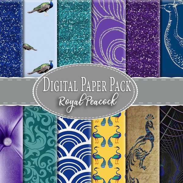 SALE! Royal Peacock Digital Scrapbook Paper Pack, Digital Paper, Printable Paper, Digital Download, Vintage, Clip Art Roses, Pearl, Blush