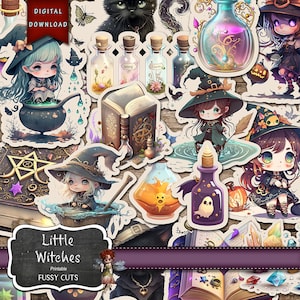 Little Witches Journaling Supplies, Witchy Fussy Cuts, Witches Digital Junk Journal Kit, Witch Ephemera, Printable Paper, Digital Download