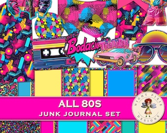 Journal Supplies, 80s Junk Journal Kit, Retro Paper Pack, Printable DIY Journal Digital Download