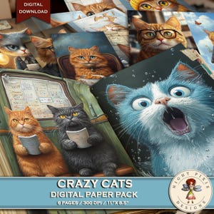 Papiers numériques Crazy Cats, Téléchargement numérique, Journal nature, Papier numérique, Fournitures pour journaux, Papier de scrapbooking, Téléchargement instantané