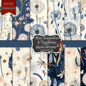 Journal Supplies, Blue Dragonfly & Dandelion Seamless Patterns, Digital Paper (PNG)