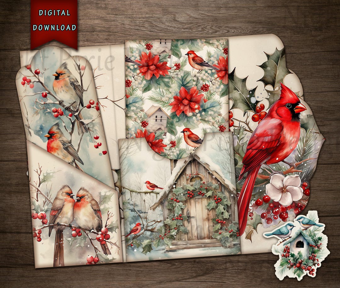 Winter Birds Junk Journal Folio, Digital Download, Cardinal Bird, Junk ...