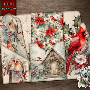 Folio de diario basura Winter Birds, descarga digital, pájaro cardenal, folio de diario basura, suministros para diario basura, diario basura navideño, pájaro rojo