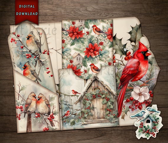 Winter Birds Junk Journal Folio, Digital Download, Cardinal Bird, Junk Journal Folio, Junk Journal Supplies, Christmas Junk Journal, Redbird