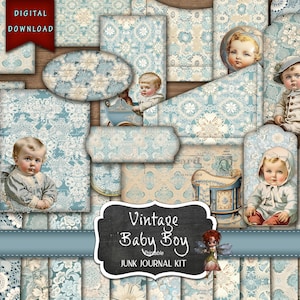 Vintage babyjongen junk Journal, stickers babyjongen, junk Journal benodigdheden, antieke foto's, cadeau babyjongen, vintage illustraties, digitale download