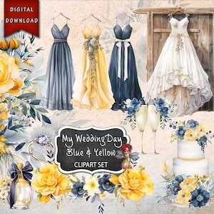 Clipart jour de mariage, clipart mariage bleu et jaune, clipart mariage élégant, mariage rustique, clipart mariage, clipart mariage bleu