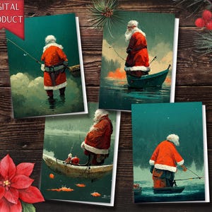 Tarjetas digitales de pesca de Papá Noel para Navidad, tarjetas navideñas de pesca, tarjetas navideñas de pescador, tarjetas navideñas digitales, descarga digital