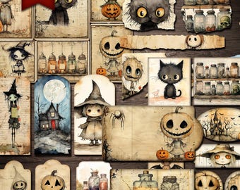 May include: A digital download of 18 Halloween themed digital papers and elements. The images feature black cats, pumpkins, witches, and other spooky characters. The papers are in a vintage style with a distressed look.
