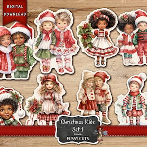 Weihnachten Kinder Set 1, Kinder Weihnachten wählerischen Schnitt, Kinder Aufkleber, Weihnachtsaufkleber, Junk-Journal Zubehör, digitaler Download, digitale Aufkleber