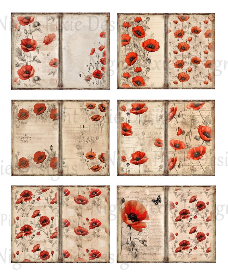 Journal Supplies, Poppy Flowers Printable Paper Pack, Floral Junk ...