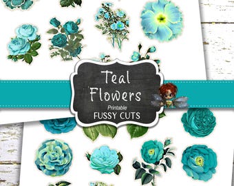 Journal Supplies, Teal Flower Ephemera, Junk Journal Stickers Digital Download, DIY Stickers