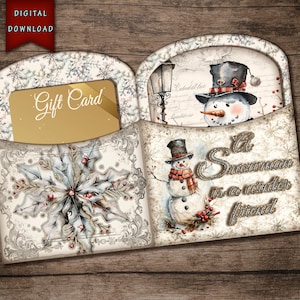 Porta-cartão-presente, boneco de neve rústico, digital, conjunto de porta-cartão-presente para impressão, porta-cartões-presente festivos para feriados, embrulho para presente faça você mesmo