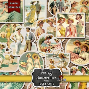 Efímeras divertidas de verano vintage, pegatinas de verano, suministros para diarios, diarios basura, descarga digital, suministros para diarios basura, imágenes prediseñadas