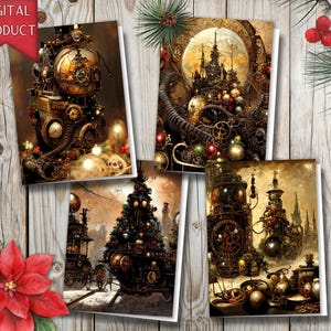 Cartões Digitais de Natal Steampunk #3, Cartões de Natal Nerd, Cartões de Natal Geek, Cartões de Natal Digitais, Download Digital, Cartões DIY