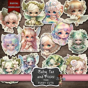 Może przedstawiać: Zestaw do druku cyfrowych wycinanek z motywem małych wróżek i skrzatów z kwiatowymi i inspirowanymi naturą wzorami. Obrazy są w różnych kolorach, w tym różowym, niebieskim, zielonym i białym.