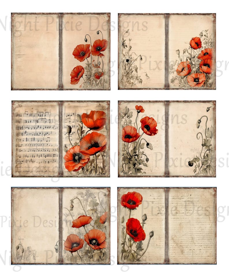 Journal Supplies, Poppy Flowers Printable Paper Pack, Floral Junk ...