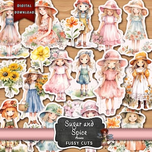 Papiers éphémères aquarelles petites filles, autocollants fille de fleur, fournitures pour journal indésirable, aquarelles éphémères fille, fille, clipart, téléchargement numérique