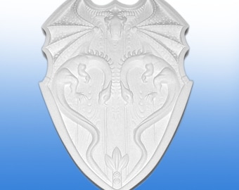 Handmade dragon picture in natural white - mystical heraldic shield