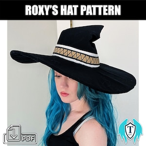 May include: A black witch hat with a wide brim and a decorative band featuring a gold and white pattern. The text "ROXY'S HAT PATTERN" is displayed at the top. A PDF icon is visible in the lower left corner.