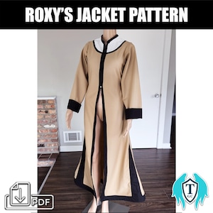 May include: A tan jacket pattern with black and white trim. The jacket has long sleeves and a long, open front. The text "ROXY'S JACKET PATTERN" is at the top of the image. A PDF download icon is in the lower left corner.