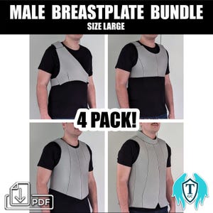 May include: Four gray foam padded chest plates in size large. The chest plates are shown on four different models. The image includes the text "MALE BREASTPLATE BUNDLE SIZE LARGE 4 PACK!" and a logo with the letters "T GC".