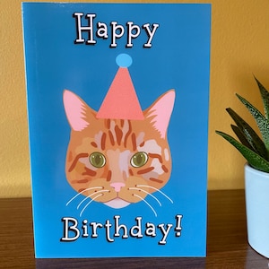 Birthday Card for Cat Lovers, Card from your pets, Ginger Cat in a party hat