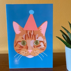 Greetings Card for Cat Lovers, Card from your pets, Ginger Cat in a party hat