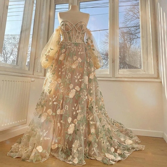 Beautifull Beige Embroidery Lace Aline Prom Dresses Etsy