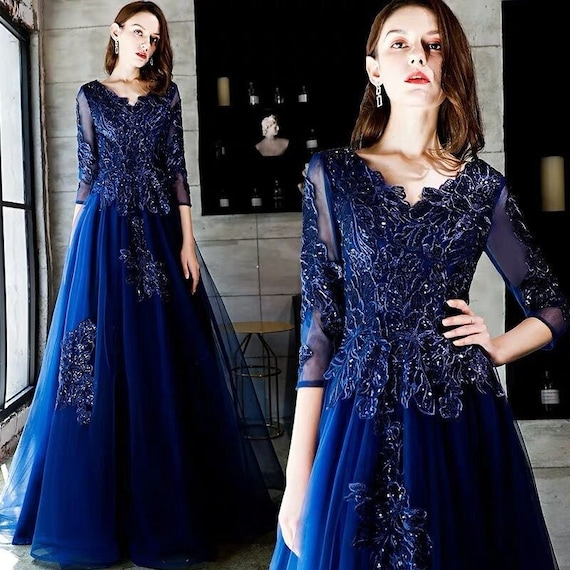 Beautiful Royal Blue Mother of the Bride Dress 3/4 Sleeve V - Etsy