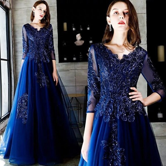 Beautiful Royal Blue Mother of the Bride Dress 3/4 Sleeve V Etsy