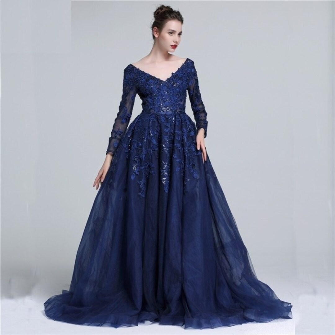 Beautiful Navy Blue Long Sleeve Tulle Fashion Evening Dresses - Etsy UK