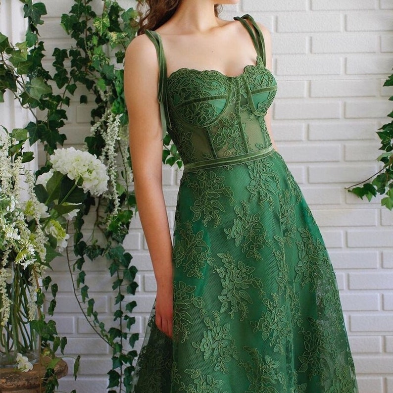 Beautiful Green Evening Dress Lace A-line Spaghetti Strap - Etsy